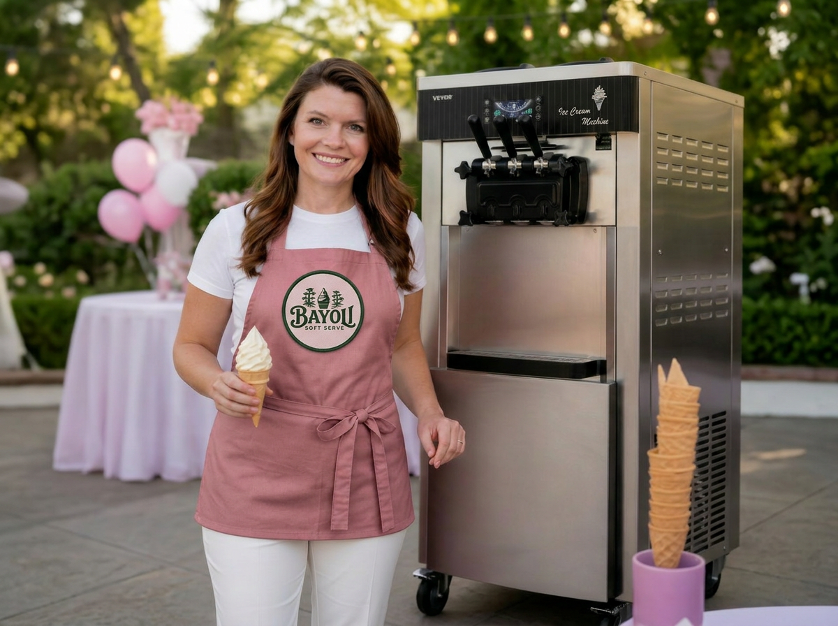 Bayou Soft Serve owner in pink Bayou Soft Serve branded apron serving fresh soft serve next to the ice cream machine